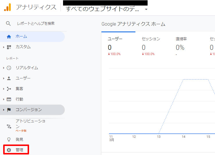 Googleアナリティクスにログイン後、左下の「管理(歯車)」をクリック